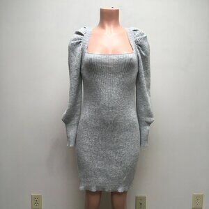 WAYF Womens Grey Leland Long Sleeve Tie Back Ribbed Knit Sheath Sweater Dress